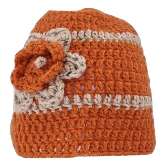 Flower Power Hats Accessories - Homemade Hand Crocheted Orange and Tan Flower Beanie Winter Hat